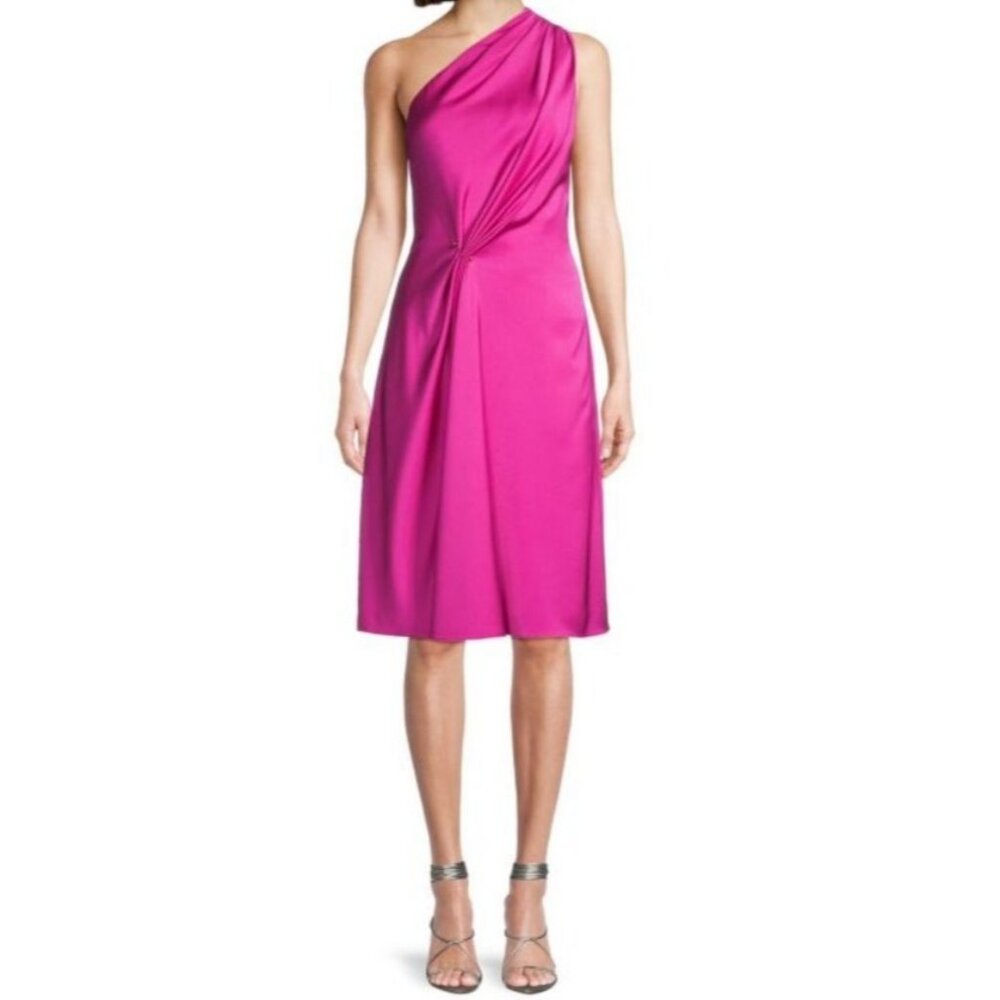 Nwt Aidan Mattox Adrianna Papell Magenta One-Shoulder Pleated Midi Dress Women 4